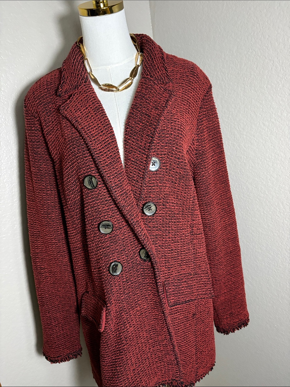 Chico's Textured Double-Breasted Blazer in Burnt Red